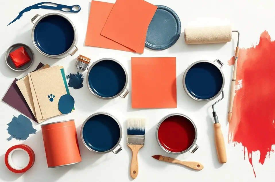 Pots de peinture, nuancier, brosses et rouleaux disposés à plat