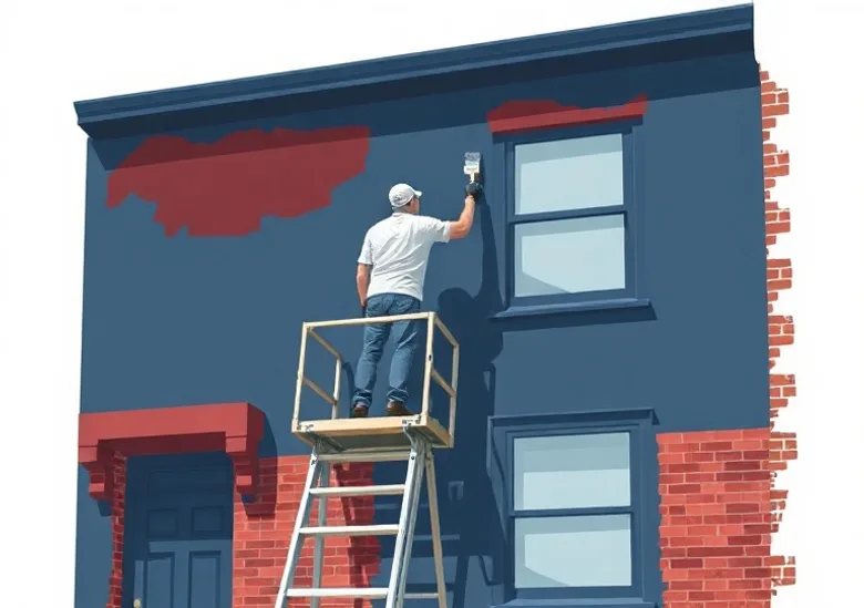 Peintre sur échafaudage traitant la façade d'une maison