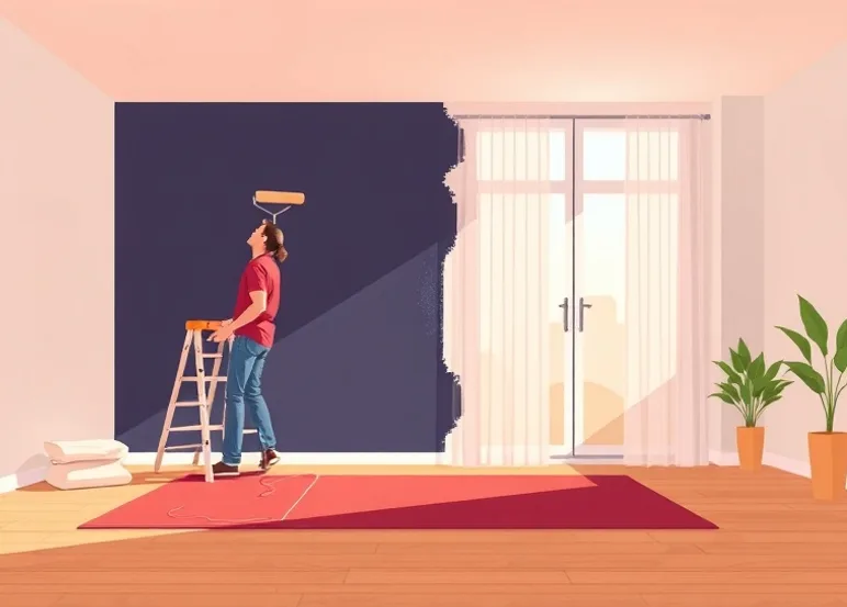 Peintre appliquant la peinture au rouleau sur un mur de salon